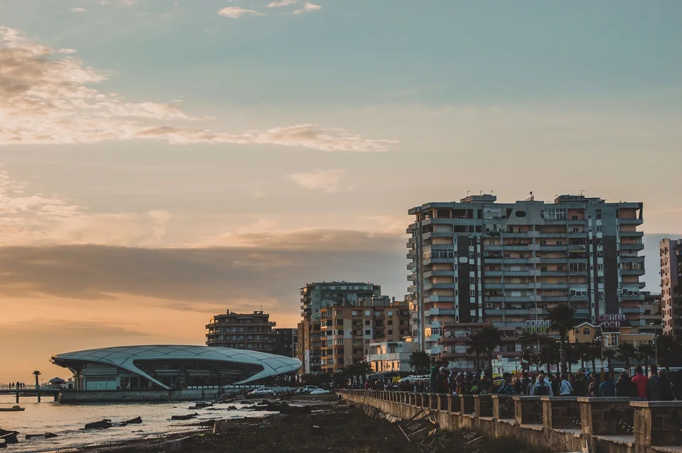 The Durrës seafront promenade and buildings at sunset
