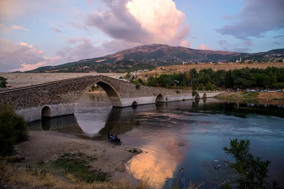 A bridge over a river.